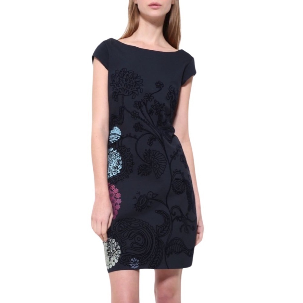 Desigual Dark Blue Midi Dress with Colorful Embroidery